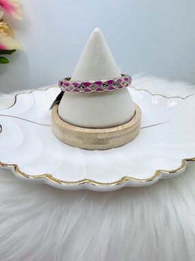 Pink Enamel Gold Tone Hinged Bangle Bracelet w/ Rhinestone Accents